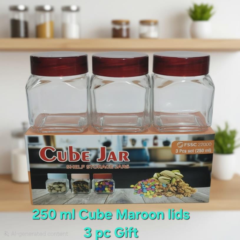 250 ml Cube Jar — 3 pc Gift Set (Maroon ABS Lid)